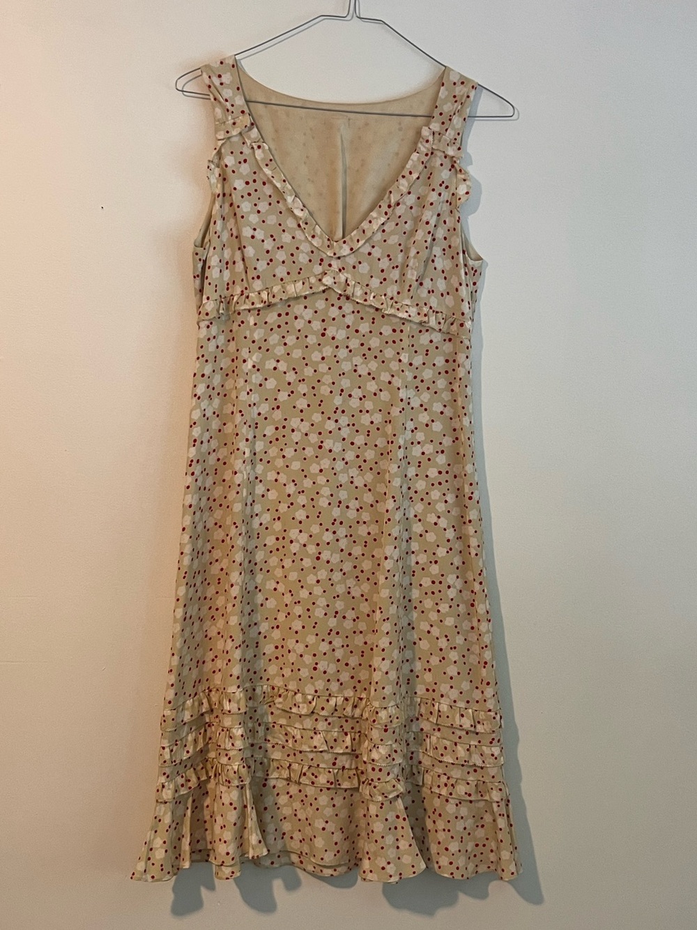 Cream Polka Dot Midi Dress with V-Neck and Ruffle Hem